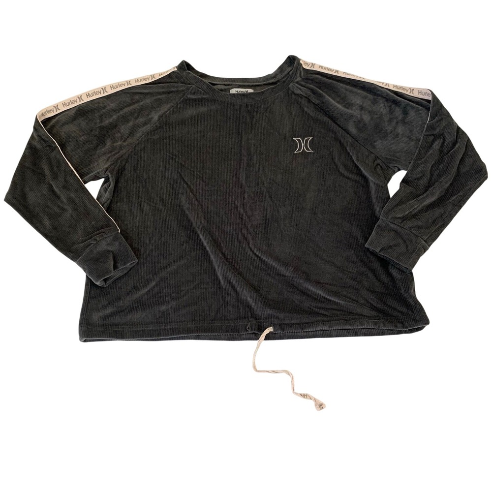 Hurley Ribbed Velour Top Women M Gray‎ Logo Tape Drawstring Athleisure Lounge